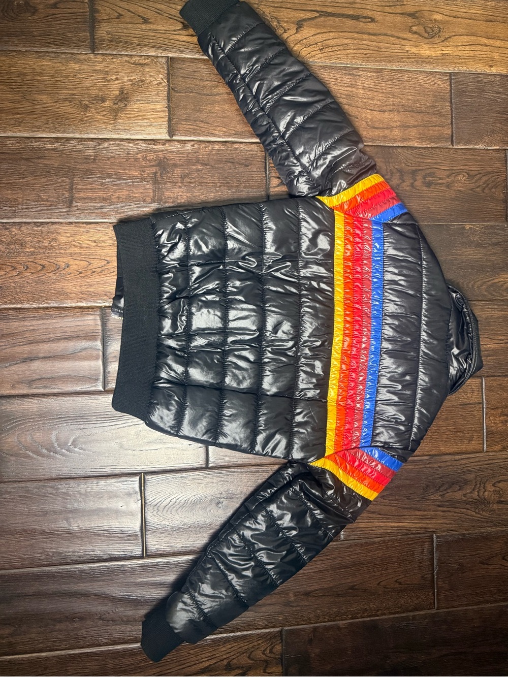 Aviator Nation Black Puffer Jacket with Rainbow Chest Stripes - Picture 3 of 3